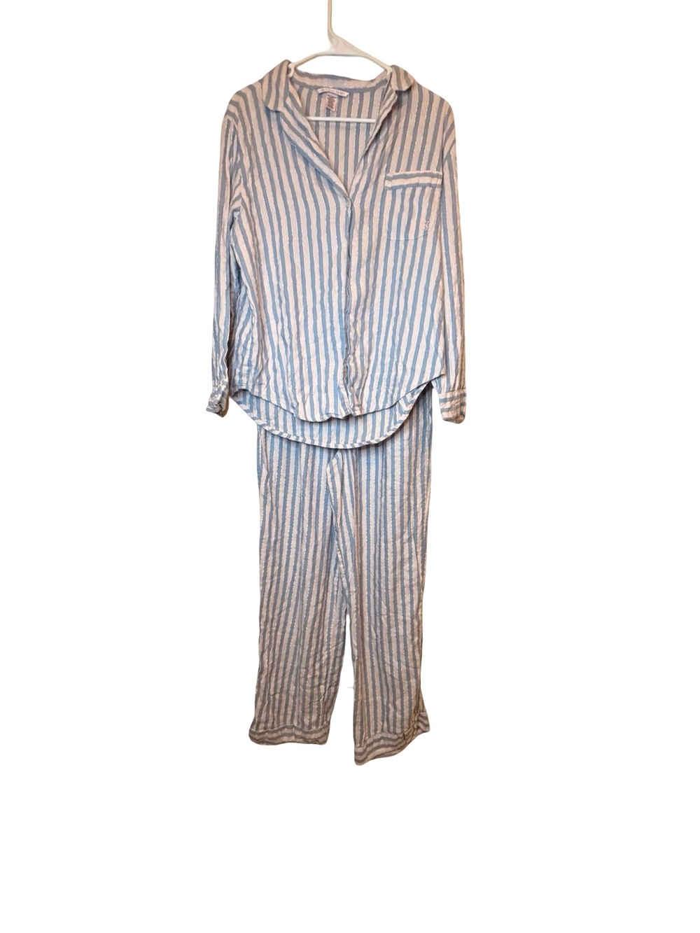 Victoria's Secret Striped Pajama Set Blue Pink Gold Shimmer Long Sleeve Small - Picture 2 of 9